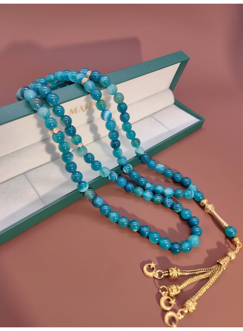 MAJOOD/99 Real Peacock Blue Textured Agate Prayer Beads/Tasbih/8MM/For Men And Women - Image 4