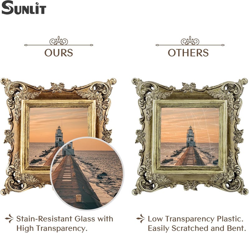 Sunlit Vintage Picture Frame 4x4 Inch, Luxury Antique Square Photo Frames with Glass Front, Photo Display, Tabletop Wall Hanging, Gift Ideas, Bronze Gold - Image 3