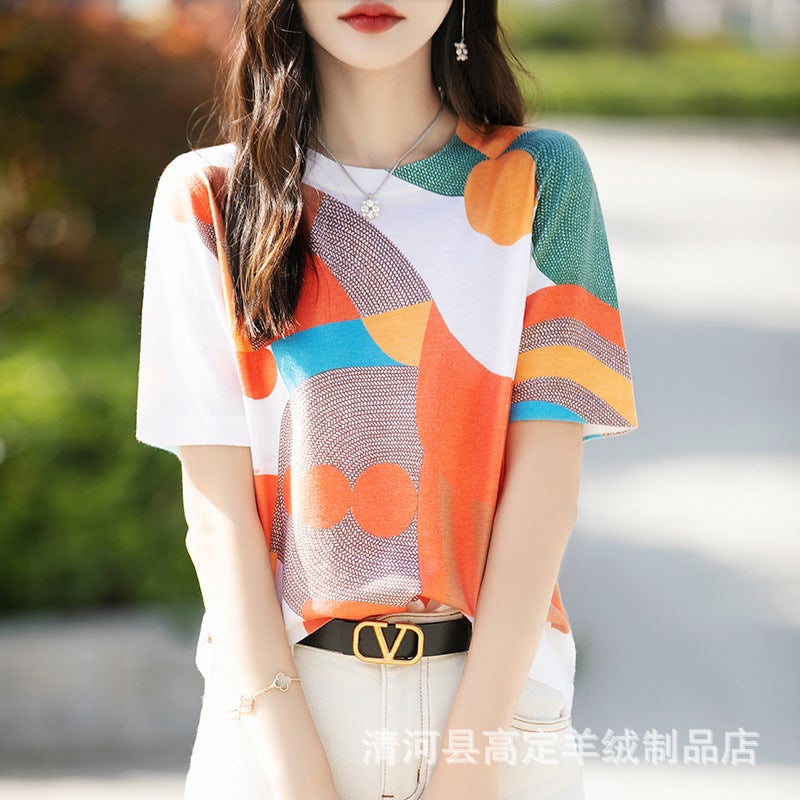 There Is Always A Suitable One-Summer Classic Joker Mulberry Silk Various Printed Pattern Round Neck Short Sleeve T-Shirt - Image 1