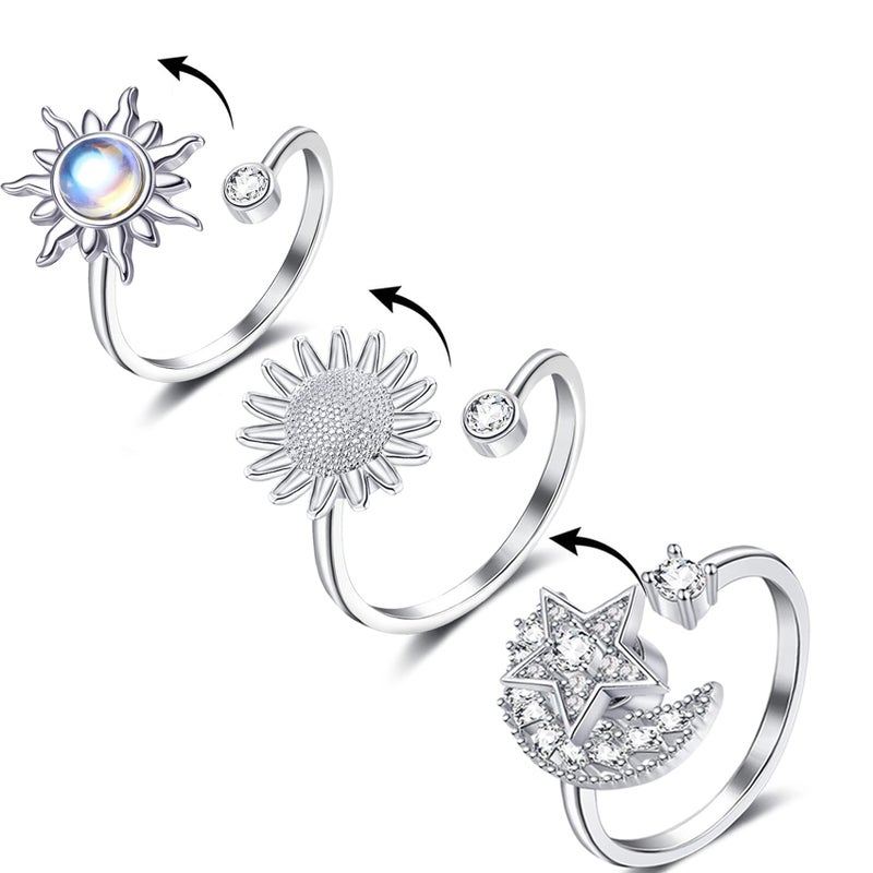 Honsny Fidget Rings for Women Spinner Fidget Ring Set Sunflower Butterfly Bee Star Moon Relief Spinning Rings for Adults - Image 2