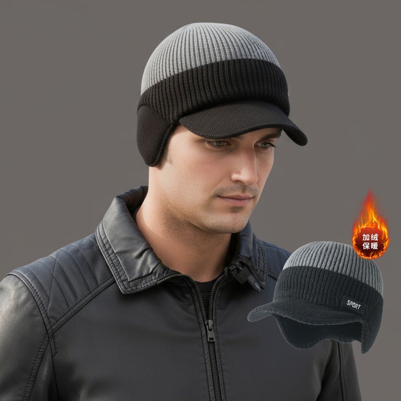 Plush Wool Duck Tongue Color Matching Hat Men'S Knitted Ear Protection Warm Hat For Men - Image 2