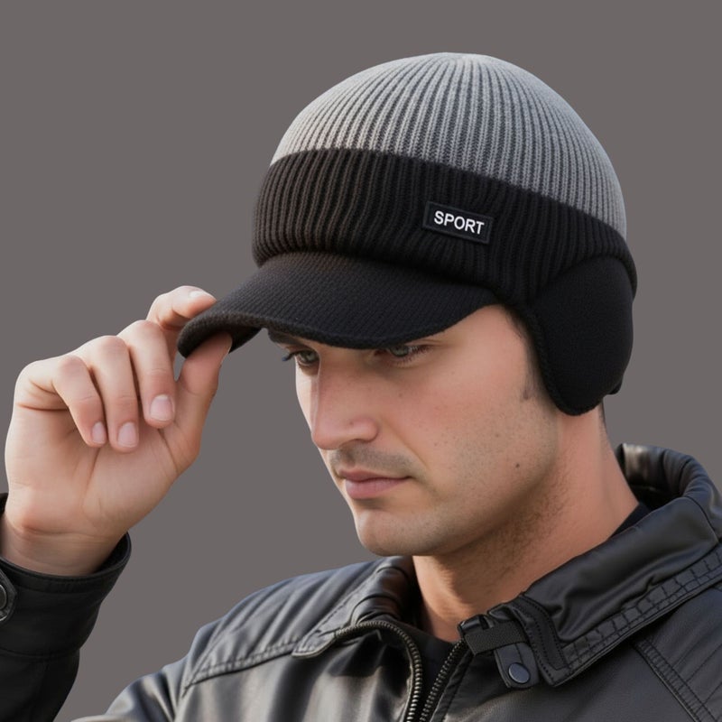 Plush Wool Duck Tongue Color Matching Hat Men'S Knitted Ear Protection Warm Hat For Men - Image 3