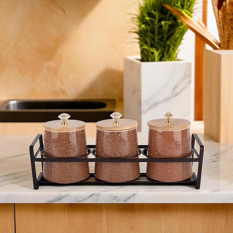 Kuber Industries Kuber Industries Set of 3 (650 ml) Airtight Ceramic Salt Jar Storage Set with Bamboo Wooden Lid or Holder For Kitchen Condiment | Chini Mitti Pots Container for Achar & Sugar | Brown  - Image 1
