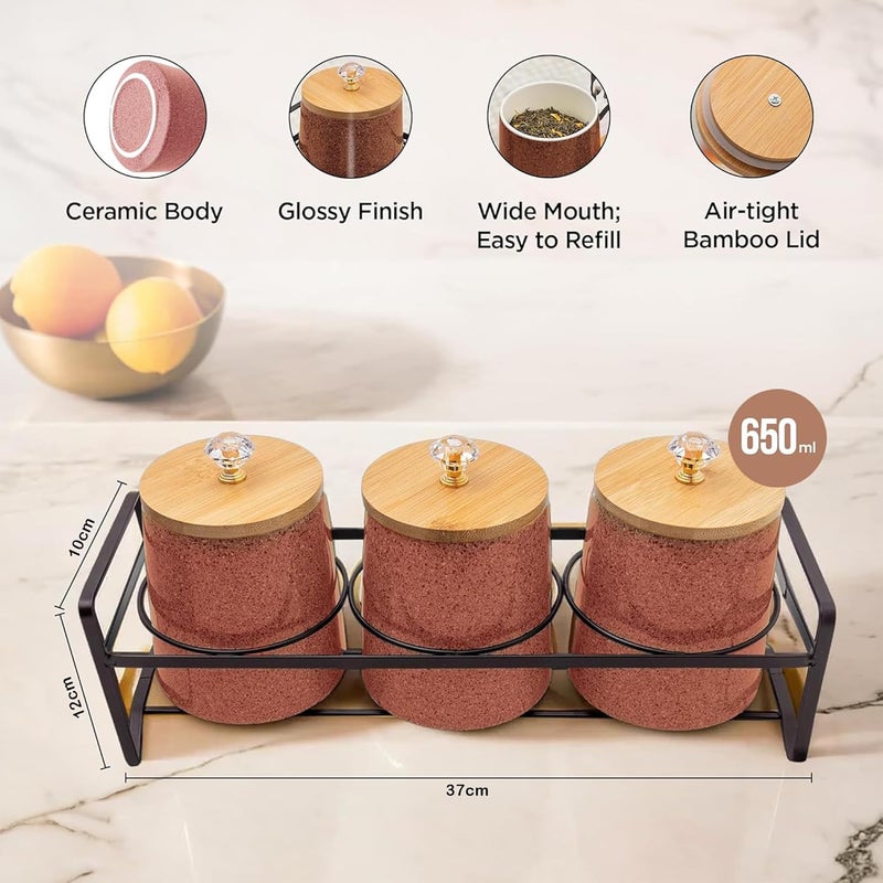 Kuber Industries Kuber Industries Set of 3 (650 ml) Airtight Ceramic Salt Jar Storage Set with Bamboo Wooden Lid or Holder For Kitchen Condiment | Chini Mitti Pots Container for Achar & Sugar | Brown  - Image 3