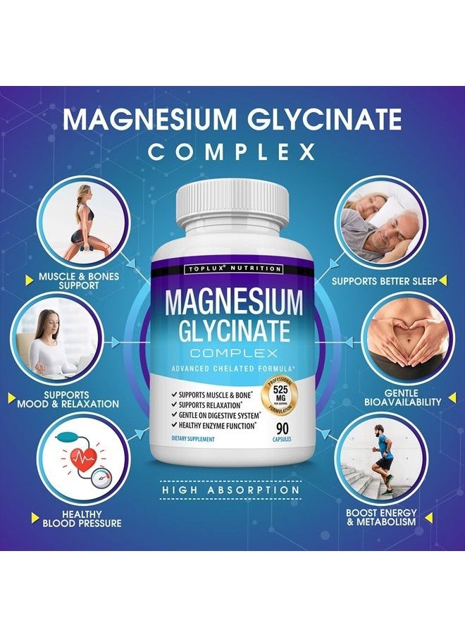 Toplux - Magnesium Glycinate Complex 525 mg High Absorption 100% DV Chelated - Formulated for Recovery, Maximum Bioavailability Vegan for Men Women, 90 Capsules, Toplux - Image 1