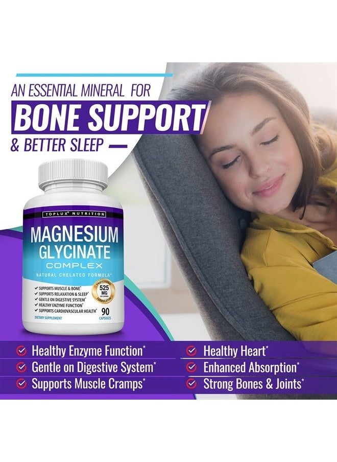 Toplux - Magnesium Glycinate Complex 525 mg High Absorption 100% DV Chelated - Formulated for Recovery, Maximum Bioavailability Vegan for Men Women, 90 Capsules, Toplux - Image 1