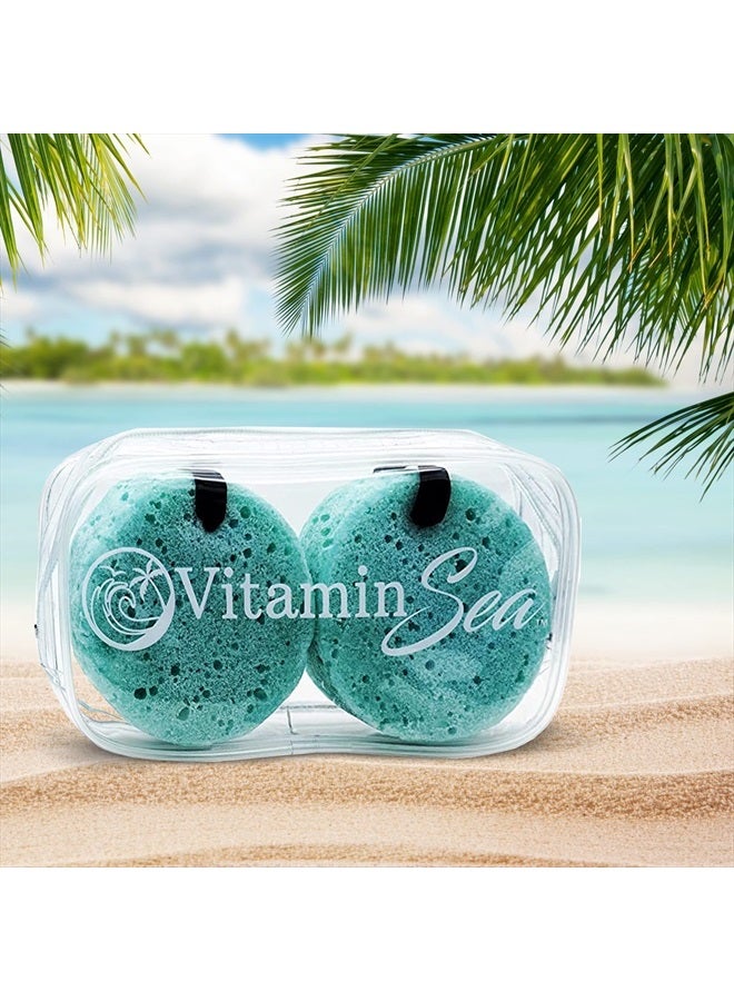 VITAMIN SEA Super Soft Exfoliating Bath Sponge | Natural Sponge (2 Pack) | 30 + Washes Sea Sponge with Travel Soap Container | Soap Sponges are Great Spring Break Gifts | Travel Size Soap Sponge (Ocean Breeze) - Image 1