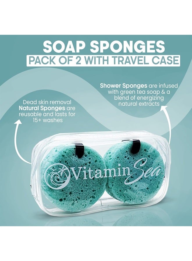 VITAMIN SEA Super Soft Exfoliating Bath Sponge | Natural Sponge (2 Pack) | 30 + Washes Sea Sponge with Travel Soap Container | Soap Sponges are Great Spring Break Gifts | Travel Size Soap Sponge (Ocean Breeze) - Image 2
