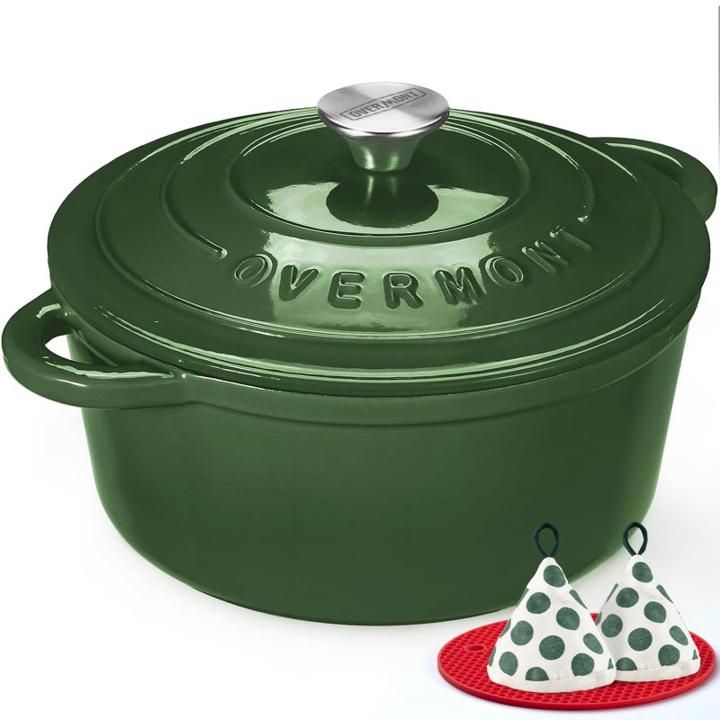 Overmont وعاء داتش أوفن من أوفermont مصنوع من الحديد الزهر المينا - وعاء سعة 5.5QT مع غطاء وكتاب طبخ وقفازات قطنية - أدوات طهي ثقيلة لتحضير الأطعمة، الحساء، الشواء، وخبز الخبز باللون الأخضر اللامع - Image 1