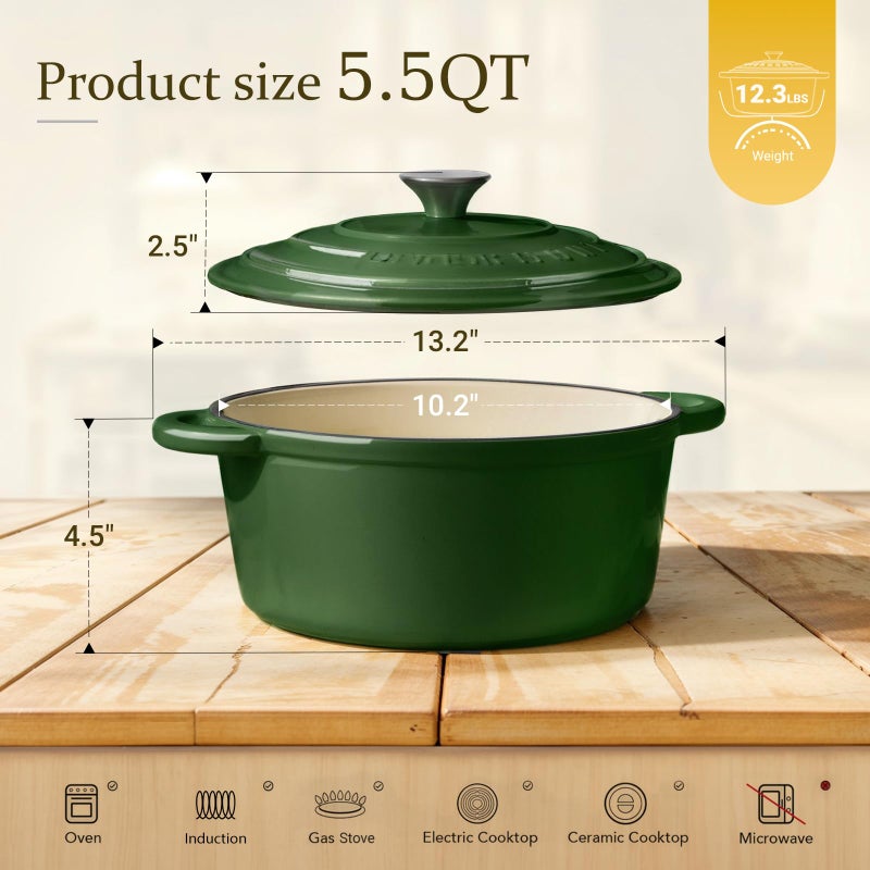 Overmont وعاء داتش أوفن من أوفermont مصنوع من الحديد الزهر المينا - وعاء سعة 5.5QT مع غطاء وكتاب طبخ وقفازات قطنية - أدوات طهي ثقيلة لتحضير الأطعمة، الحساء، الشواء، وخبز الخبز باللون الأخضر اللامع - Image 4