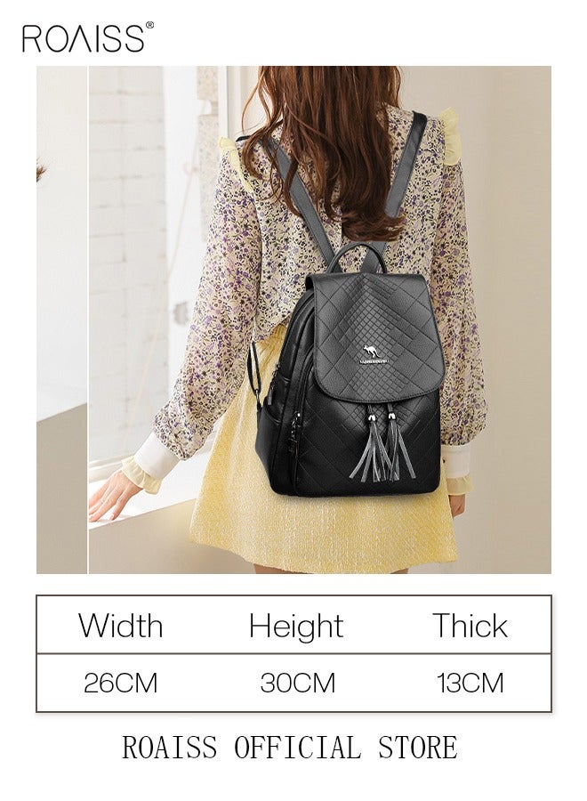 roaiss Backpack Female New Leather Tassel Pendant Rhombus Leisure Travel Backpack Student Female Schoolbag Small Pockets on Both Sides Reasonable Storage Lightweight Convenient Daily Backpack  - Image 3