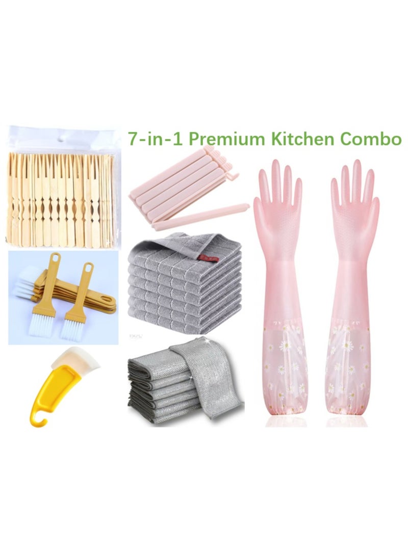 Gloves, Cotton Dishcloths, Stainless Steel Cloth, Grill Brush, Silicone Scraper, Bamboo Fork & Food Clips for Easy Cooking & Cleaning | 7-in-1 Premium Kitchen Cleaning & Grilling Set for Saudi Homes - Image 1