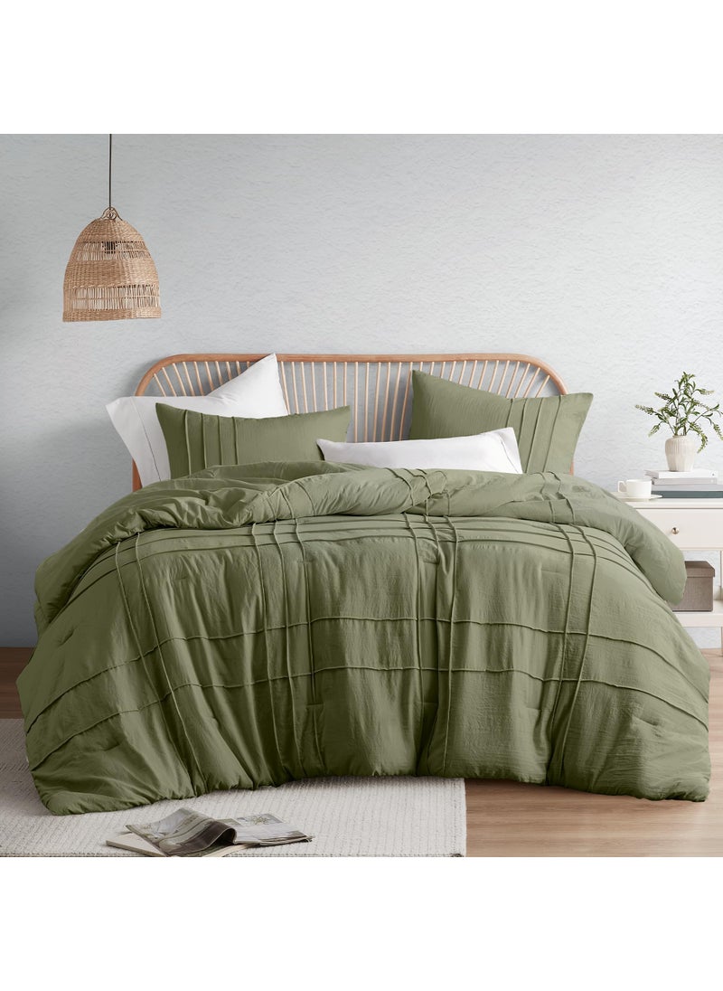 Comfort Spaces Comfort Spaces Olive Green Queen Size Comforter Set - 3 Piece Pintuck Pleated Bedding Set  All Season Lightweight  Extra Softness Pre-Washed Microfiber Bed Set  Shams  - Image 1