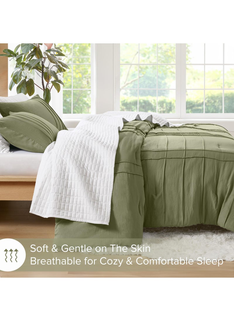 Comfort Spaces Comfort Spaces Olive Green Queen Size Comforter Set - 3 Piece Pintuck Pleated Bedding Set  All Season Lightweight  Extra Softness Pre-Washed Microfiber Bed Set  Shams  - Image 2
