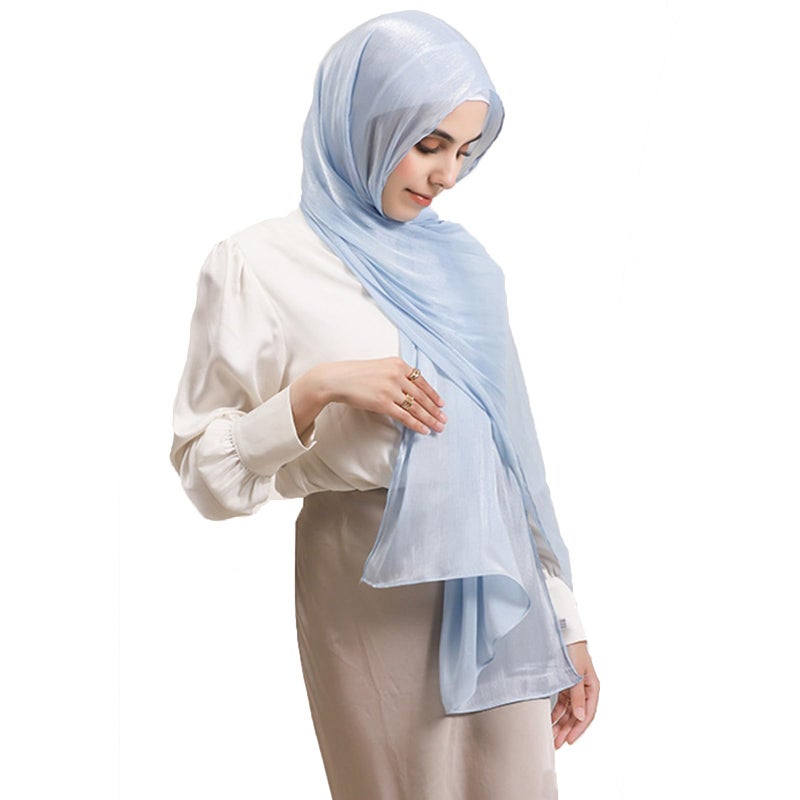 HURESON Women Premium Hijab Head Scarf Lightweight Shimmer Scarves Crepe Wedding Shawls and Wraps for Evening Dresses Shiny (Blue 21#) - Image 3