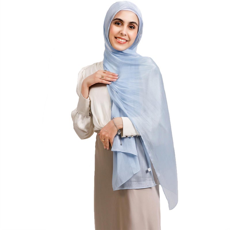 HURESON Women Premium Hijab Head Scarf Lightweight Shimmer Scarves Crepe Wedding Shawls and Wraps for Evening Dresses Shiny (Blue 21#) - Image 1