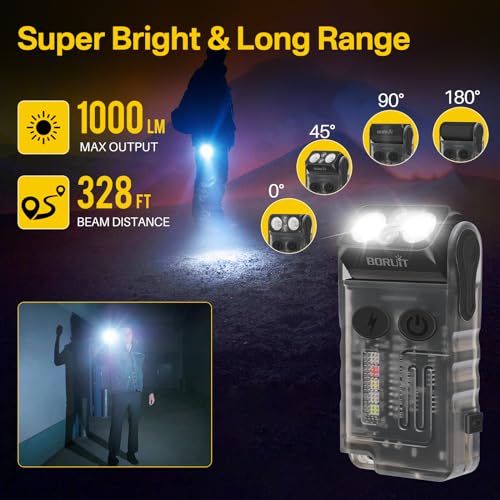 BORUIT V20 LED Small Powerful EDC Flashlight with 365nm UV Light,180°Head Swivels,Super Bright USB C Rechargeable Mini Pocket Keychain Flash Light with Clip-13 Mode,IP67,Magnetic,110DB Buzzer(Black) - Image 2