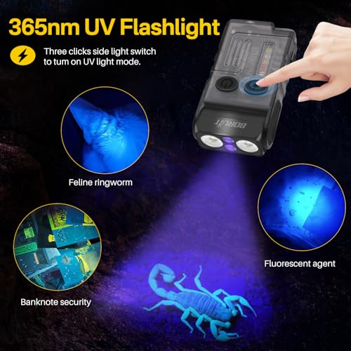 BORUIT V20 LED Small Powerful EDC Flashlight with 365nm UV Light,180°Head Swivels,Super Bright USB C Rechargeable Mini Pocket Keychain Flash Light with Clip-13 Mode,IP67,Magnetic,110DB Buzzer(Black) - Image 3