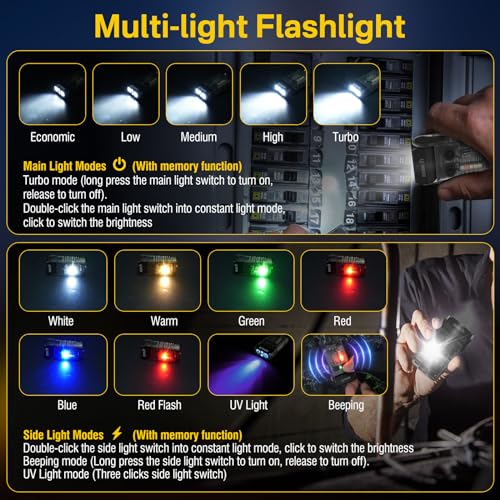 BORUIT V20 LED Small Powerful EDC Flashlight with 365nm UV Light,180°Head Swivels,Super Bright USB C Rechargeable Mini Pocket Keychain Flash Light with Clip-13 Mode,IP67,Magnetic,110DB Buzzer(Black) - Image 5