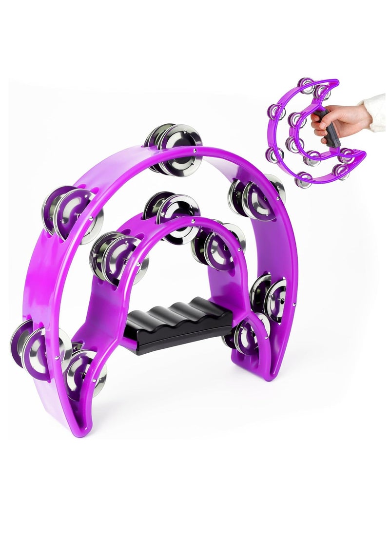 Mike Music - Tambourine Double Row Metal Jingles Hand Held Percussion Half-Moon Tambourines Musical Instrument Gifts for Kids, Adults, KTV, Party - Purple - Image 1