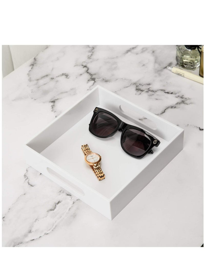 Arabest صينية تخزين صينية بيضاء من الأكريليك مع مقبض 8x8 بوصة لصينية تخزين المطبخ والحمام والمكتب لمستحضرات التجميل والمجوهرات والمواد الصحية والألعاب والأدوات - Image 4