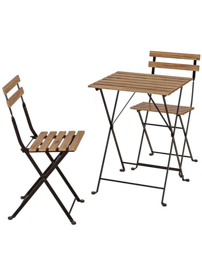 Generic Stylish Wooden and Steel Foladable Table And Chair Set Black/light Brown Stained, Dining Table Chair Set, Included Foldable Table And 2 Foldable Chairs, Used For Outdoor And Indoor  - Image 1