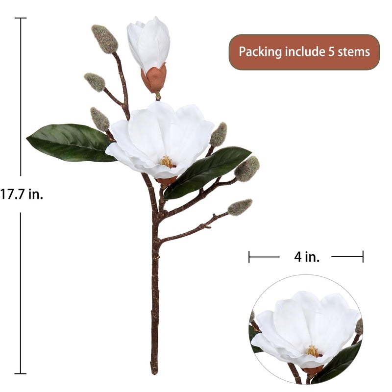 DILATATA Magnolia Fake Flowers Artificial Flower Magnolia Stems 17.7"" Real Touch Magnolia Flowers Branch for Office Vase Table Centerpiece-Fake Flowers Home Decor Beige White Magnolia-5pcs - Image 2