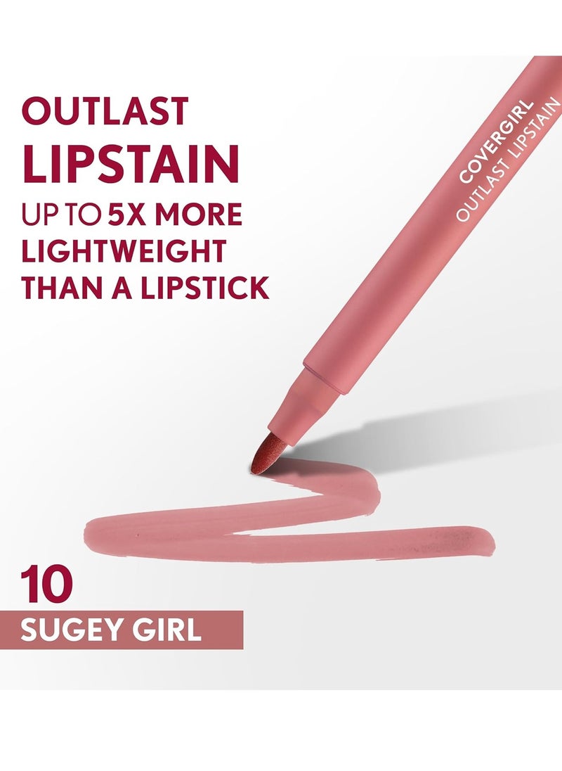 CoverGirl COVERGIRL Outlast, 10 Sugey Girl, Lipstain, Smooth Application, Precise Pen-Like Tip, Transfer-Proof, Satin Stained Finish, Vegan Formula, 0.06oz  - Image 2