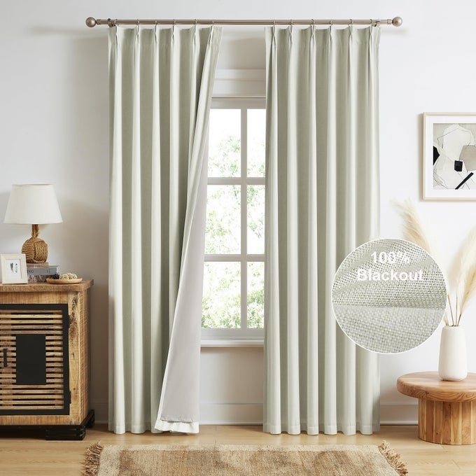 FULL BLACKOUT 90 INCH CURTAINS PINCH PLEATED DRAPES LINEN TEXTURED BACK TAB CURTAINS FOR BEDROOM THERMAL INSULATED HEAT SAVING PLEATED DRAPES 40 W X 90 L 2 PANELS