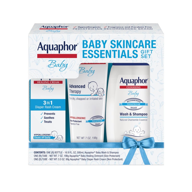 Aquaphor Baby Skin Care Essentials Gift Set with Baby Wash and Shampoo (16.9 Fl Oz) + Healing Ointment for Chapped Skin and Drool Rash (7Oz) + Diaper Rash Cream (3.5Oz), Hypoallergenic - Image 1