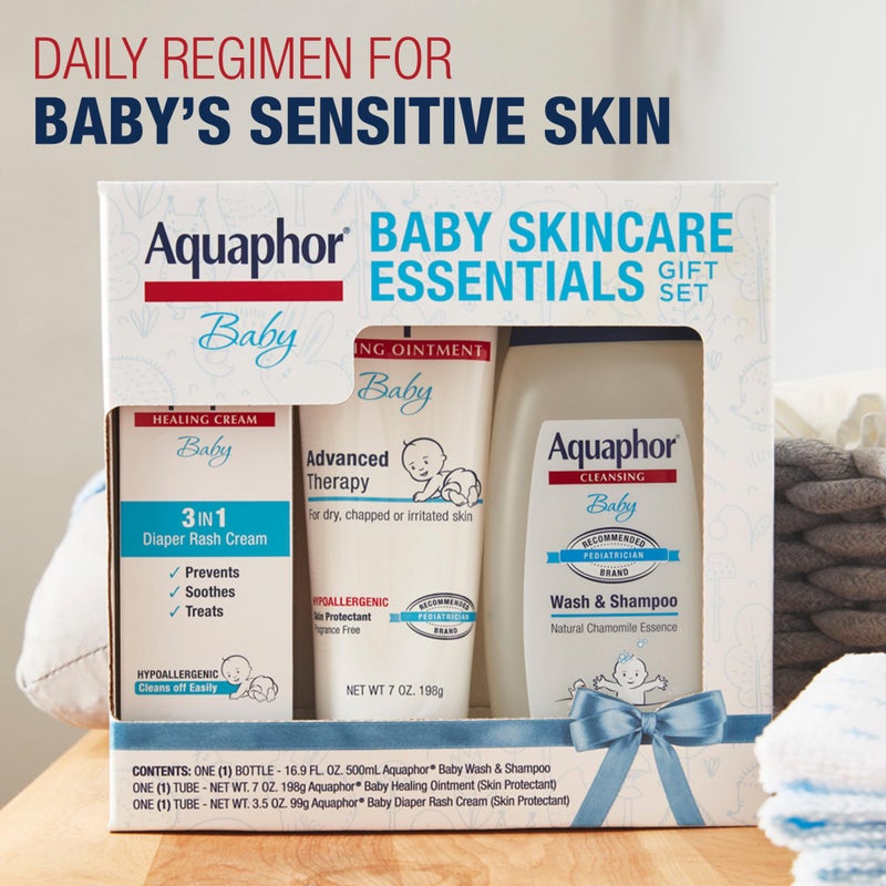 Aquaphor Baby Skin Care Essentials Gift Set with Baby Wash and Shampoo (16.9 Fl Oz) + Healing Ointment for Chapped Skin and Drool Rash (7Oz) + Diaper Rash Cream (3.5Oz), Hypoallergenic - Image 2
