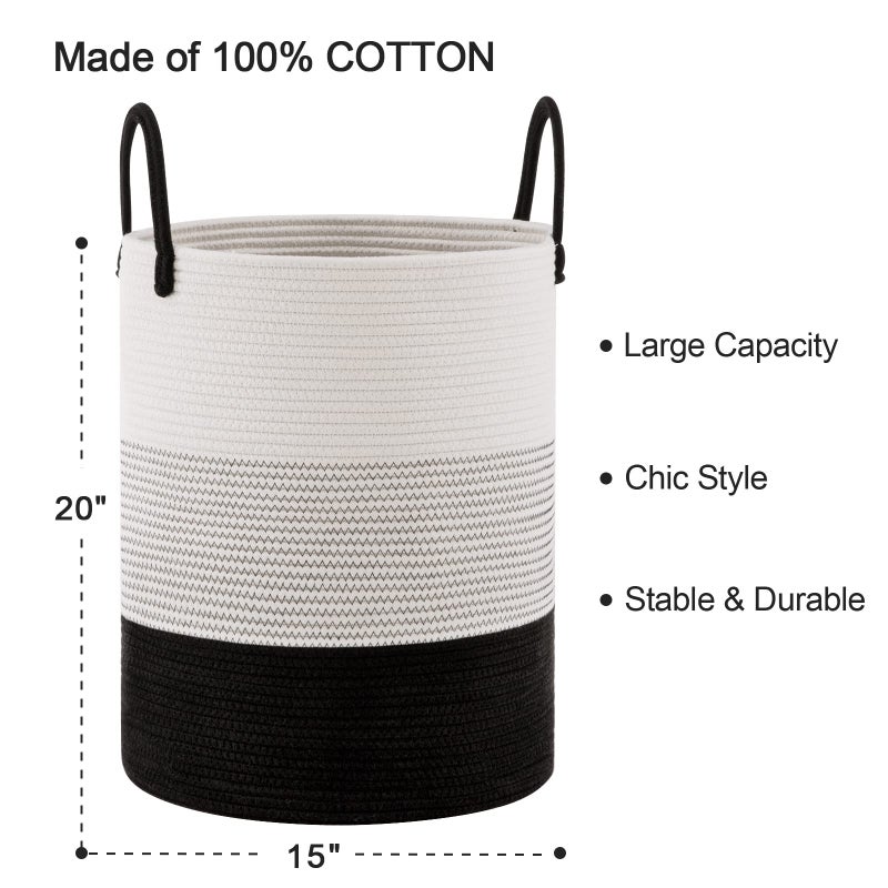 YOUDENOVA Woven Rope Laundry Hamper Basket by YOUDENOVA, Tall Luandry Basket, Baby Nursery Hamper for Blanket Storage, Clothes Hamper for Laundry in Bedroom-Large-(Dark White, 58L) - Image 3