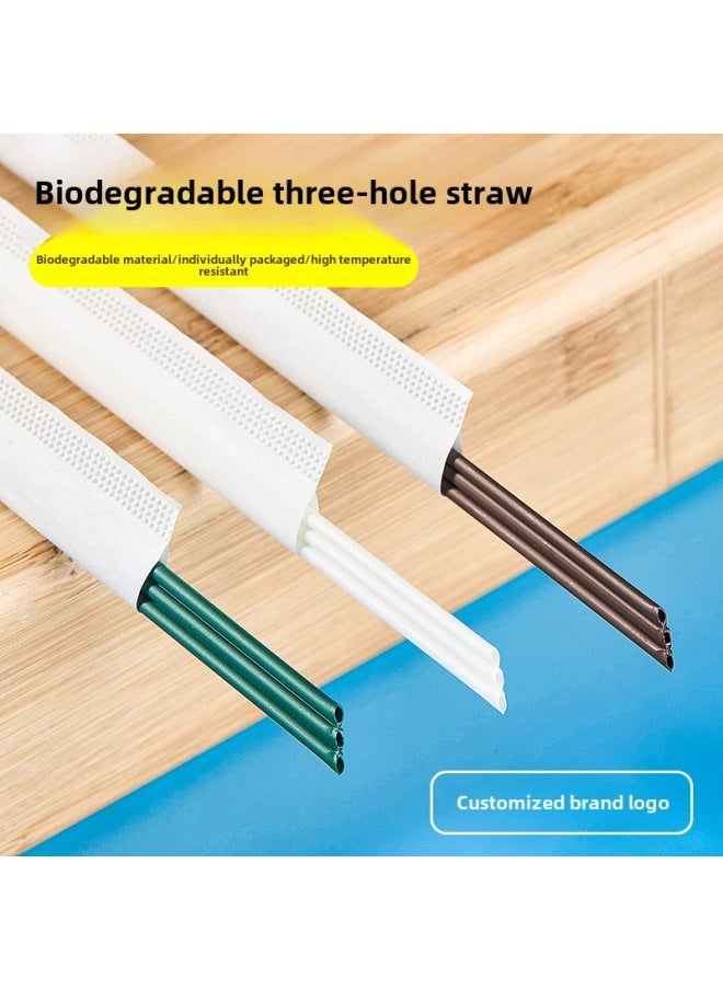 Generic Degradable PLA Three-hole Coffee Straw Disposable Independent Packaging Hot Drink Three-quality Tube Stirring Rod Three-quality Straw-Color:23cm Three-hole Biodegradable-dark Green-Specification:5000 Pieces  - Image 2