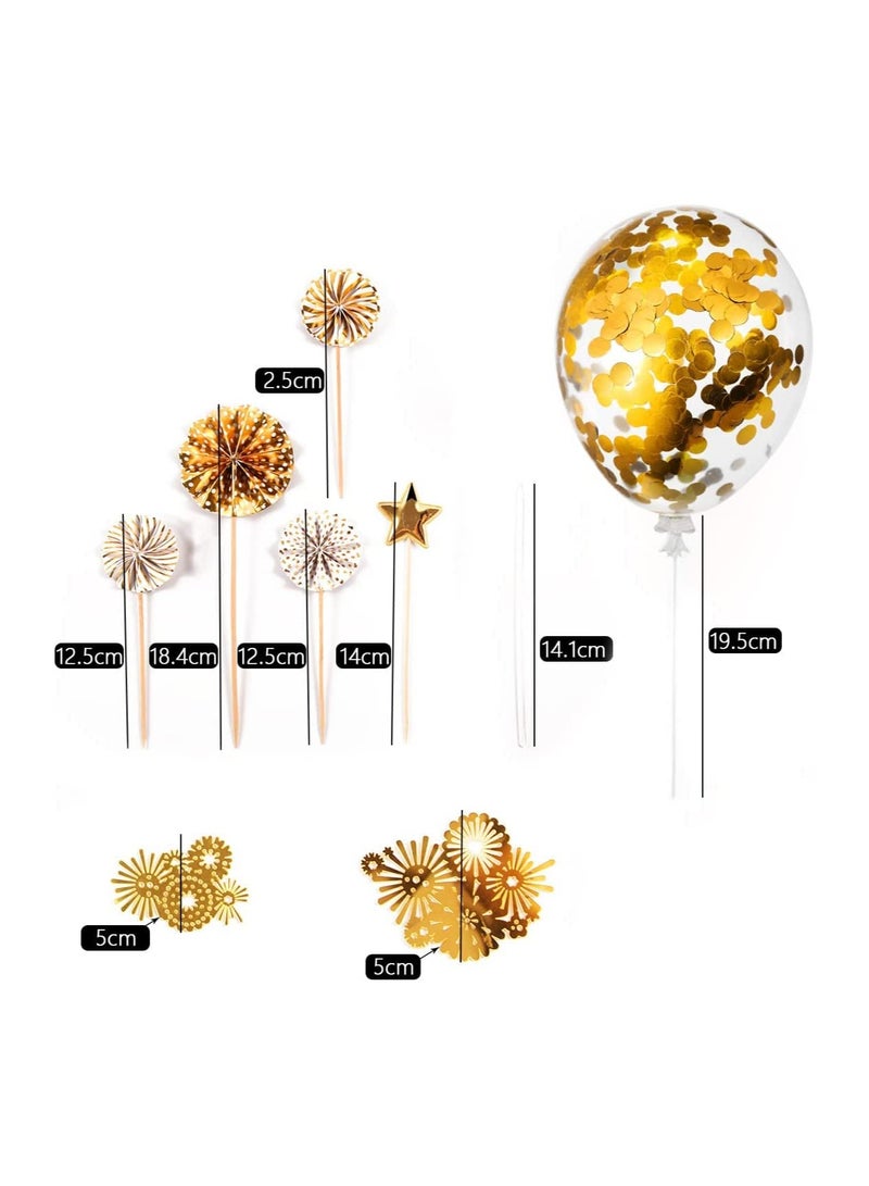 Zikra Cake Decorations 13Pcs Cake Toppers Kit Cupcake Topper with Golden Paper Fans Happy Birthday Acrylic Banner Sequins Balloon Fireworks Stars for Gold Theme Birthday Party Anniversary Cake Decor - Image 3