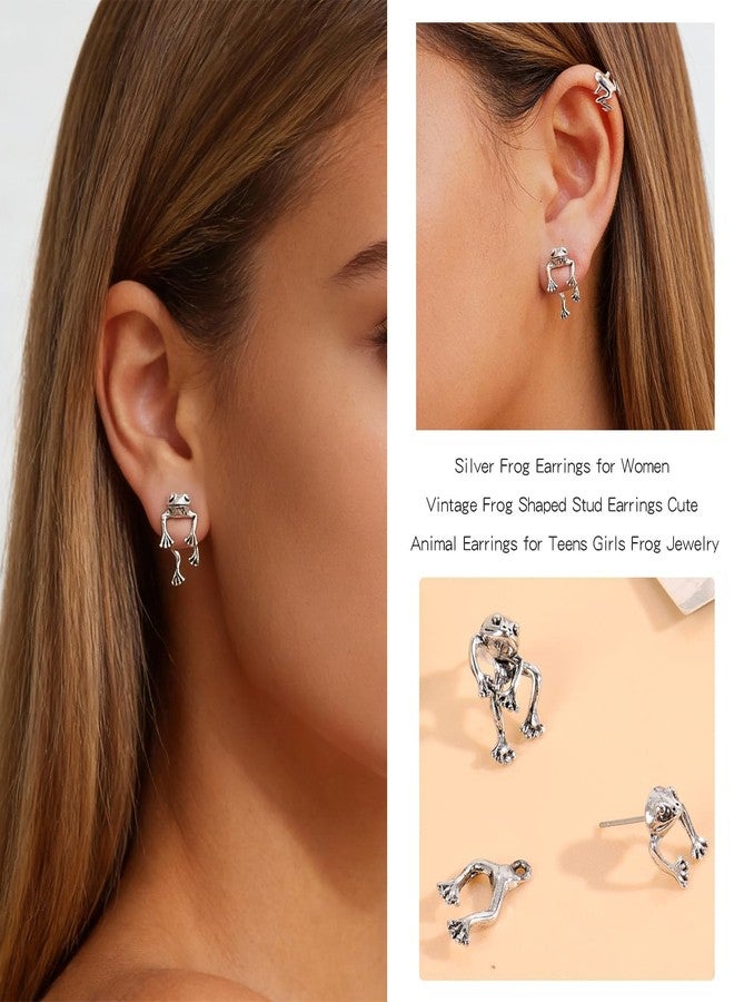 Frodete Silver Frog Earrings for Women Vintage Frogs Shaped Stud Earrings Cute Animal Earrings Frog Jewelry for Birthday Christmas - Image 4