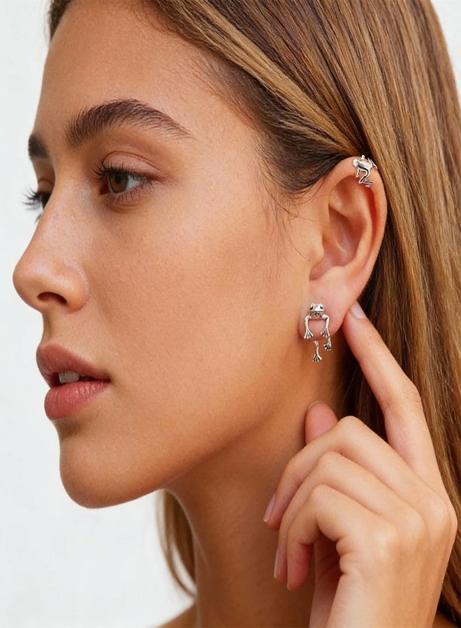Frodete Silver Frog Earrings for Women Vintage Frogs Shaped Stud Earrings Cute Animal Earrings Frog Jewelry for Birthday Christmas - Image 3