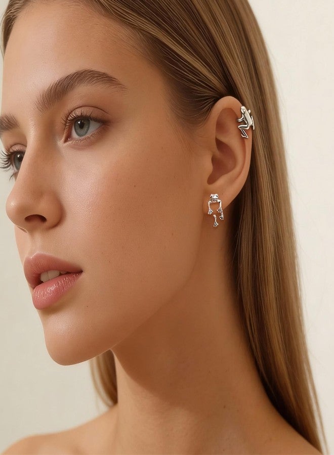 Frodete Silver Frog Earrings for Women Vintage Frogs Shaped Stud Earrings Cute Animal Earrings Frog Jewelry for Birthday Christmas - Image 2