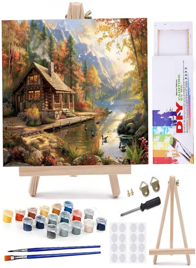 MaiMMaledy Paint by Numbers Kit for Adults Beginners 8Wx12L inch Canvas Pictures with Framed Drawing Painting Works with Wooden Triangle Easel Acrylic Pigment Vase Decoration Riverside Scenery - Image 1
