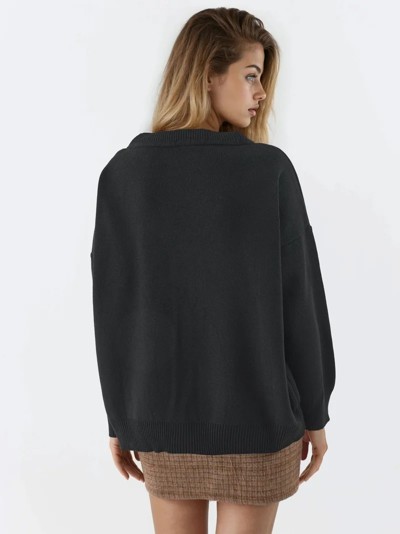 MY FASHION MY FASHION Oversized Ribbed V-Neck Button Cardigan