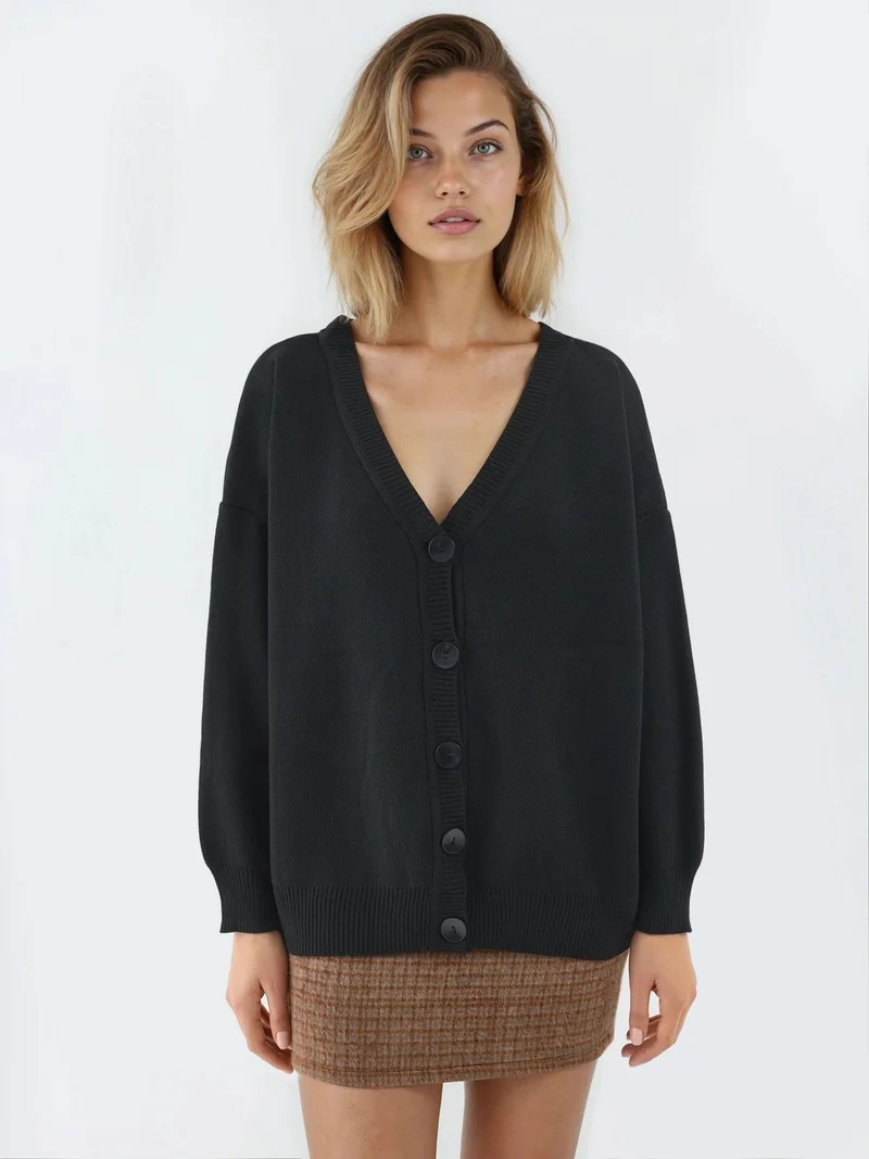MY FASHION Black MY FASHION Oversized Ribbed V-Neck Button Cardigan for Women | Best Price UAE