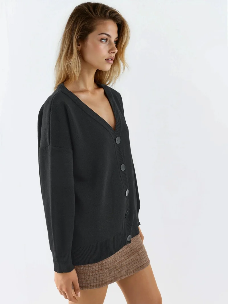 MY FASHION Black MY FASHION Oversized Ribbed V-Neck Button Cardigan for Women | Best Price UAE