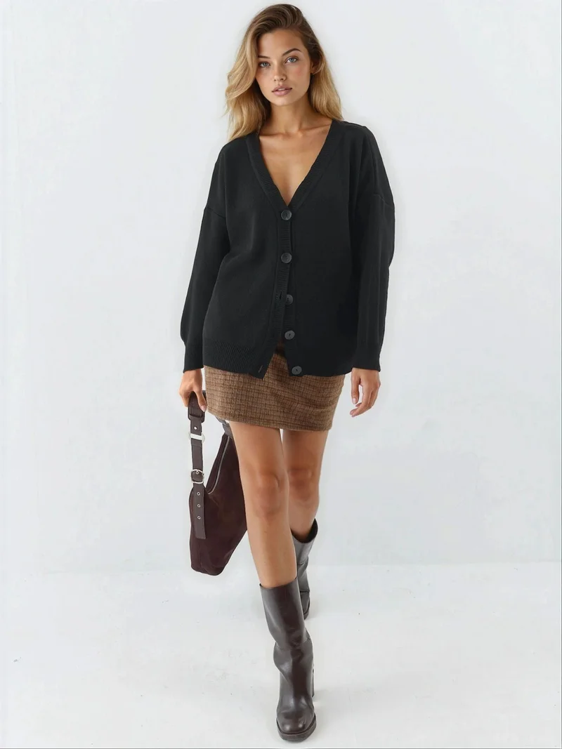 MY FASHION Black MY FASHION Oversized Ribbed V-Neck Button Cardigan for Women | Best Price UAE
