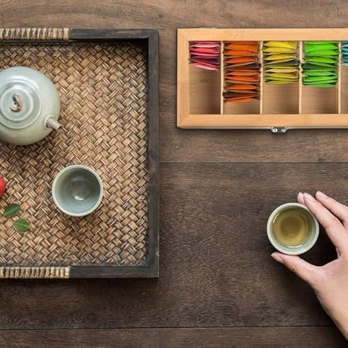 بوليفياز منظم أكياس الشاي صندوق تخزين خشبي مع 5 فواصل منظم أدراج أكياس الشاي متعدد الأغراض لتخزين الخزانة مثالي للمنزل والمطعم - Image 3