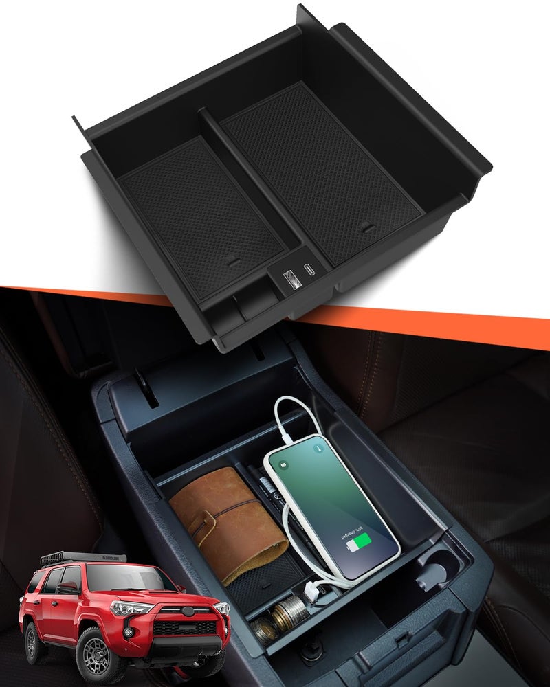 DrCarNow Upgrade for Toyota 4Runner Center Console Organizer Tray with USB Port 2010-2023 2024, Secondary Insert Storage Armrest Box ABS Black Materials for 4Runner 2010-2024 5th Gen Car Accessories - Image 1
