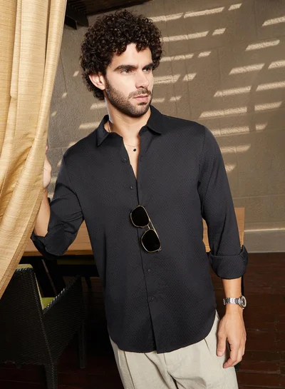 Campus Sutra Men's Midnight Black Motif -Tactile Shirt
