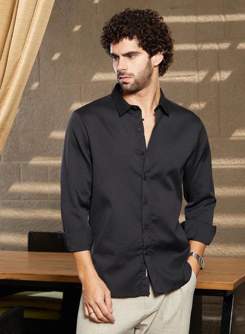 Campus Sutra Men's Midnight Black Motif -Tactile Shirt
