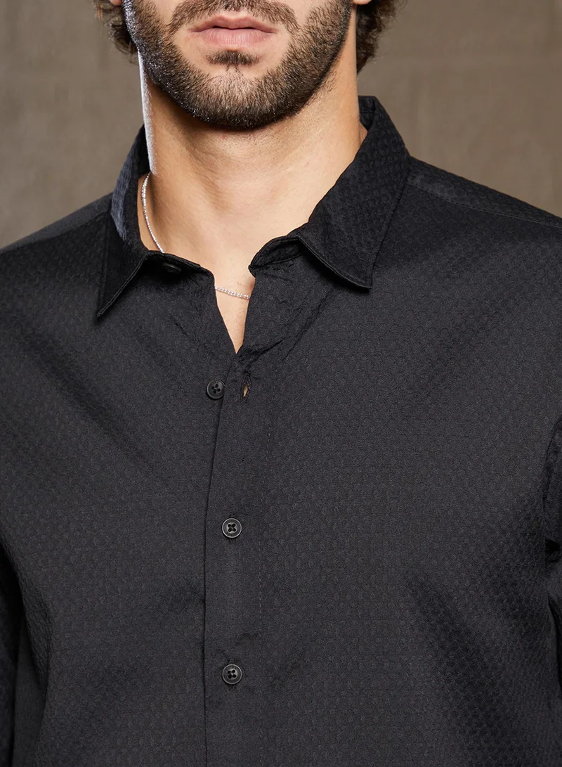 Campus Sutra Men's Midnight Black Motif -Tactile Shirt
