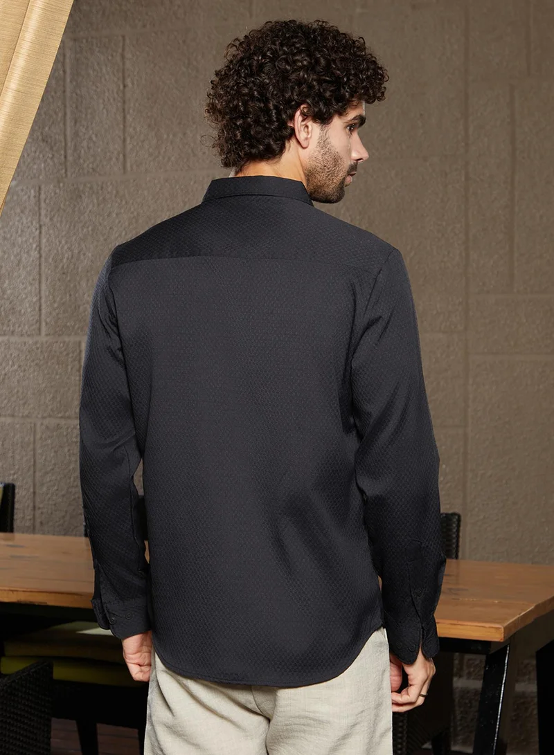Campus Sutra Men's Midnight Black Motif -Tactile Shirt