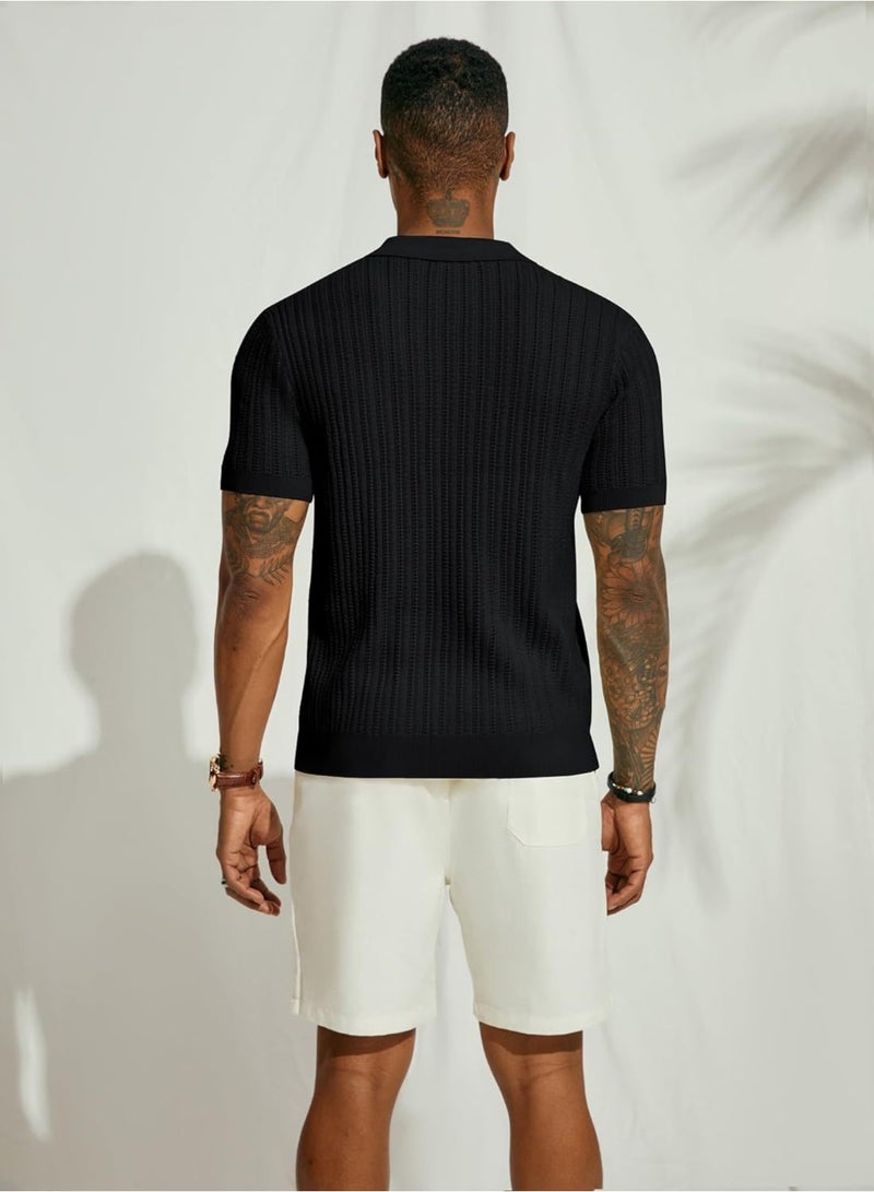 NIBEMINENT Summer Short Sleeve Men's Polo Shirts Fashion Solid Striped Loose Cardigan Turn Down Collar Shirt Male Casual Knitted Polos Top - Image 2