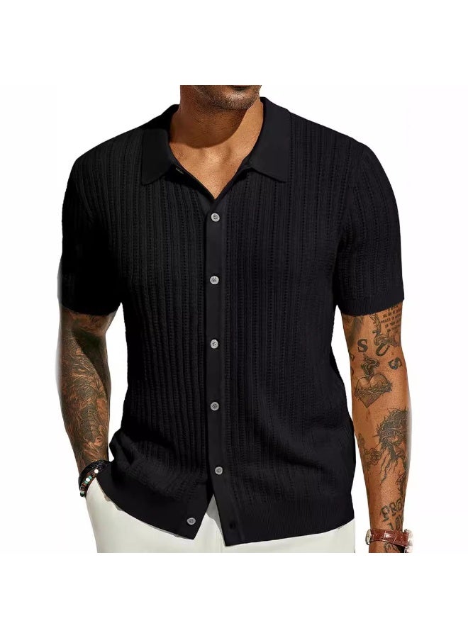 NIBEMINENT Summer Short Sleeve Men's Polo Shirts Fashion Solid Striped Loose Cardigan Turn Down Collar Shirt Male Casual Knitted Polos Top - Image 1